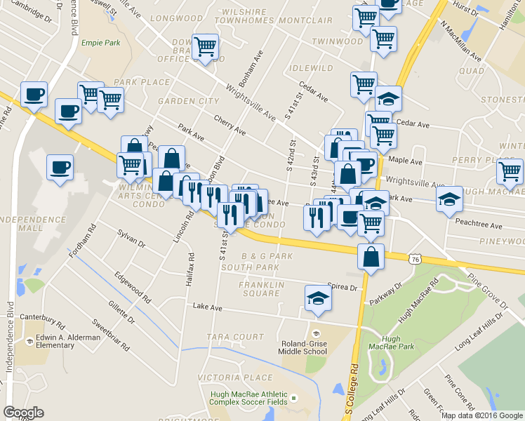 map of restaurants, bars, coffee shops, grocery stores, and more near 1408 Tanager Court in Wilmington