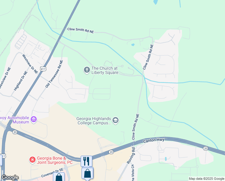 map of restaurants, bars, coffee shops, grocery stores, and more near 256 Eva Way in Cartersville