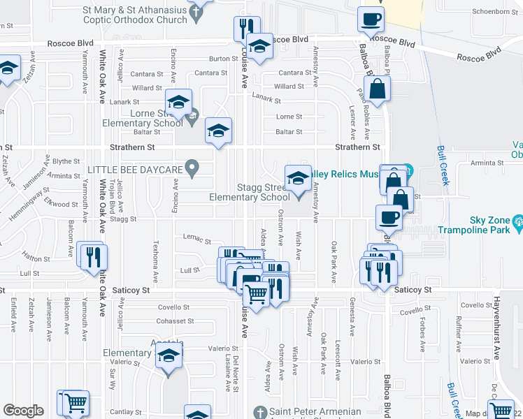 map of restaurants, bars, coffee shops, grocery stores, and more near 17232 Elkwood Street in Los Angeles