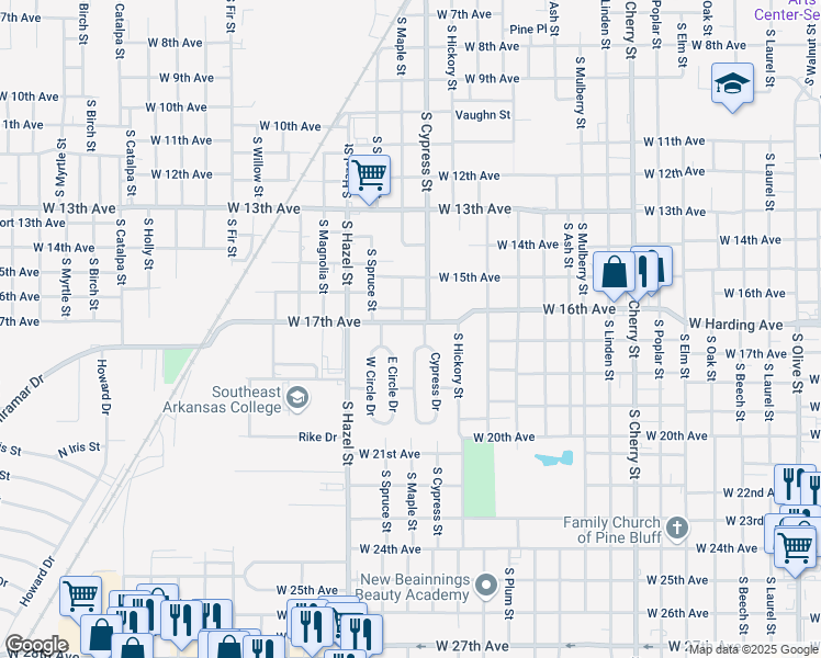 map of restaurants, bars, coffee shops, grocery stores, and more near 67 Cypress Drive in Pine Bluff