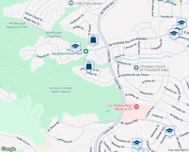 map of restaurants, bars, coffee shops, grocery stores, and more near 538 Fargo Street in Thousand Oaks