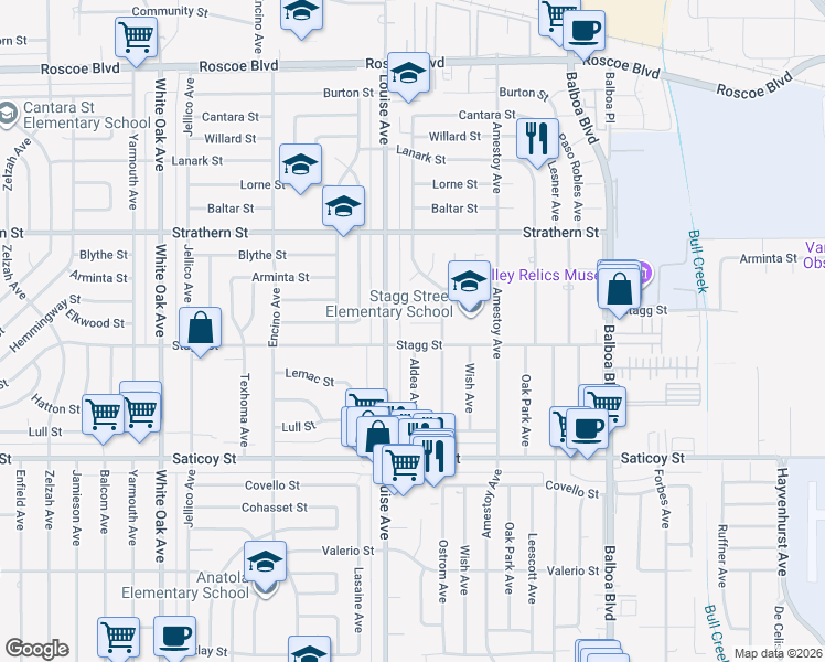 map of restaurants, bars, coffee shops, grocery stores, and more near 17232 Elkwood Street in Los Angeles