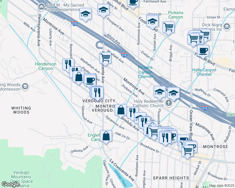 map of restaurants, bars, coffee shops, grocery stores, and more near 2710 Piedmont Avenue in Glendale