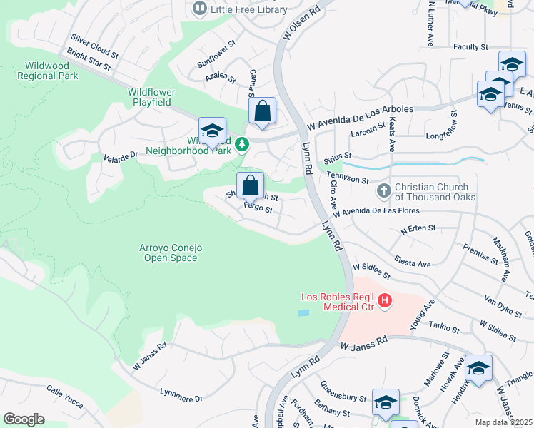 map of restaurants, bars, coffee shops, grocery stores, and more near 538 Fargo Street in Thousand Oaks