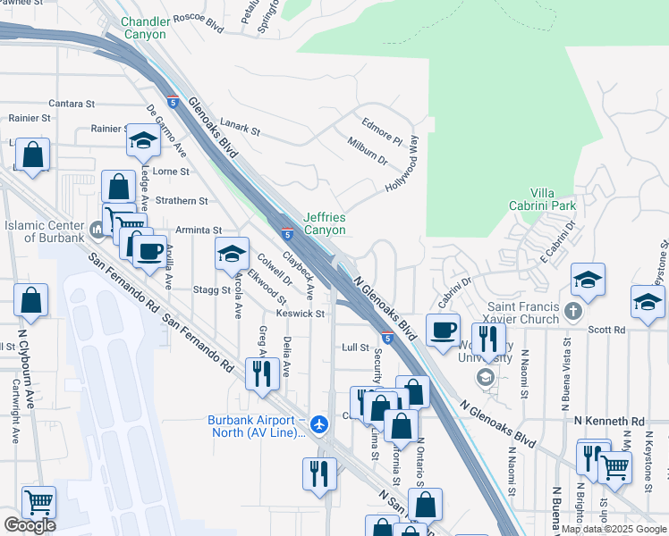 map of restaurants, bars, coffee shops, grocery stores, and more near 12211 North Hollywood Way in Burbank
