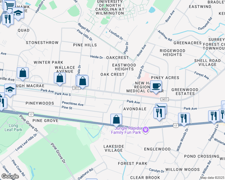 map of restaurants, bars, coffee shops, grocery stores, and more near 5107 Wrightsville Avenue in Wilmington