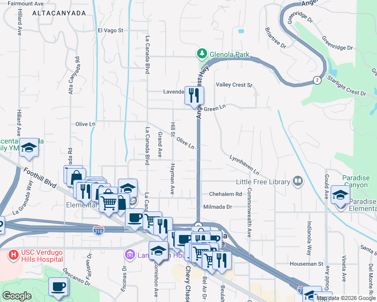 map of restaurants, bars, coffee shops, grocery stores, and more near 1018 Olive Lane in La Cañada Flintridge