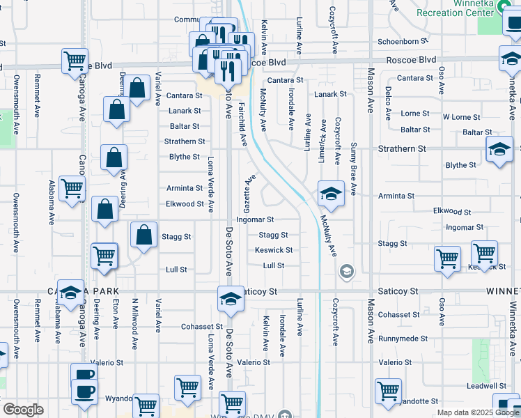map of restaurants, bars, coffee shops, grocery stores, and more near 7801 Kelvin Avenue in Los Angeles