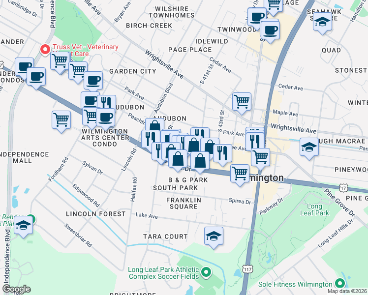 map of restaurants, bars, coffee shops, grocery stores, and more near 4113 Oleander Drive in Wilmington