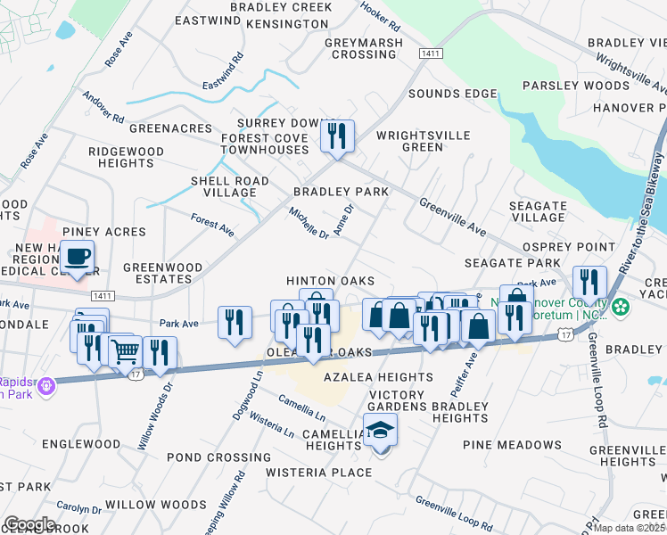 map of restaurants, bars, coffee shops, grocery stores, and more near 5611 Moss Vine Place in Wilmington