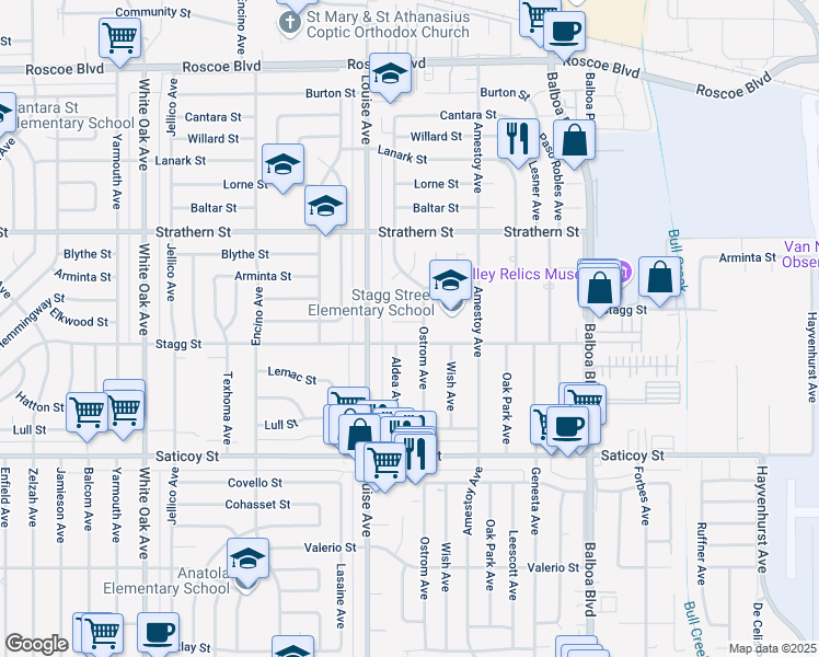 map of restaurants, bars, coffee shops, grocery stores, and more near 7752 Ostrom Avenue in Los Angeles