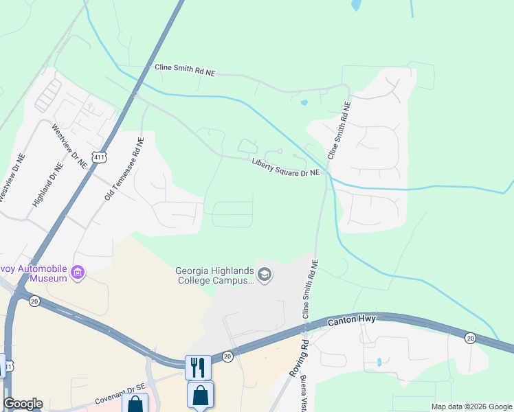 map of restaurants, bars, coffee shops, grocery stores, and more near 11 Allegiance Court Northeast in Cartersville