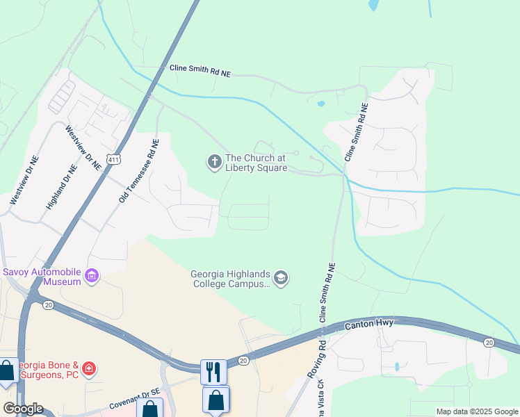 map of restaurants, bars, coffee shops, grocery stores, and more near 11 Allegiance Court Northeast in Cartersville
