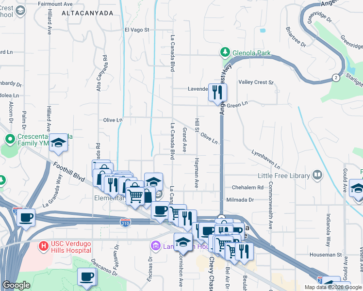 map of restaurants, bars, coffee shops, grocery stores, and more near 4819 Grand Avenue in La Cañada Flintridge