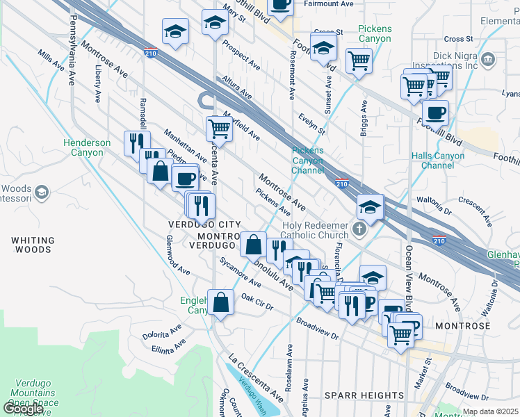 map of restaurants, bars, coffee shops, grocery stores, and more near 2658 Piedmont Avenue in Glendale