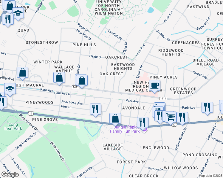 map of restaurants, bars, coffee shops, grocery stores, and more near 5107 Wrightsville Avenue in Wilmington