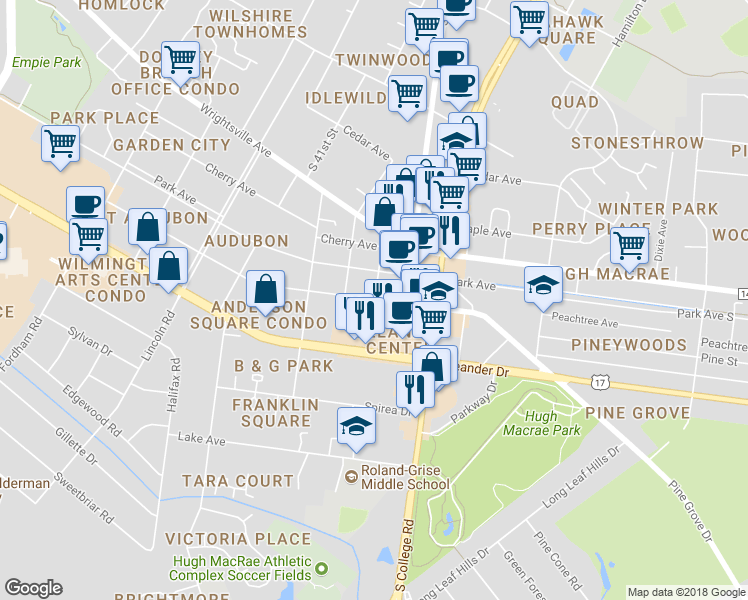 map of restaurants, bars, coffee shops, grocery stores, and more near 4304 Peachtree Avenue in Wilmington