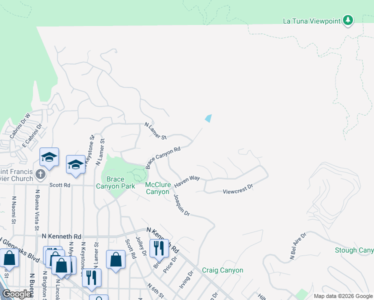 map of restaurants, bars, coffee shops, grocery stores, and more near 3340 Brace Canyon Road in Burbank