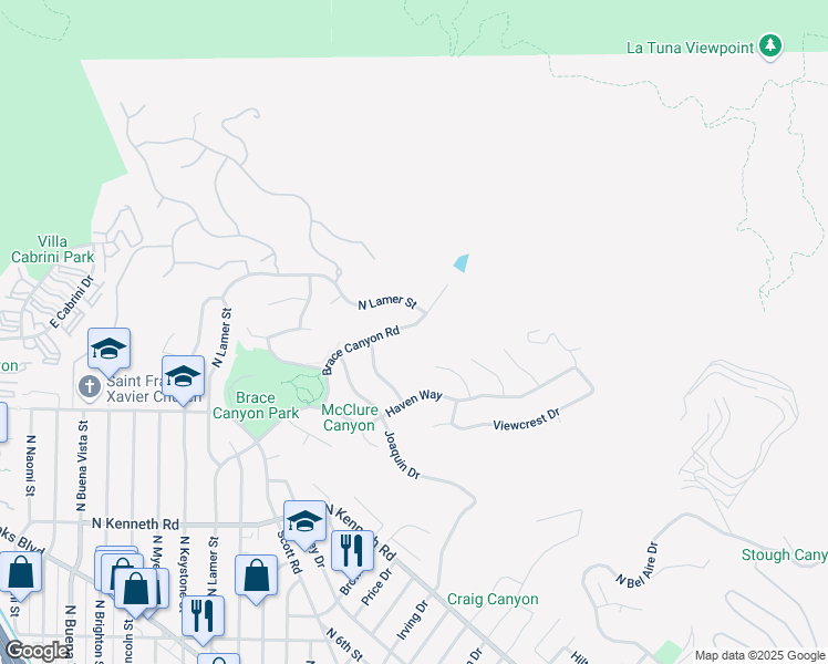 map of restaurants, bars, coffee shops, grocery stores, and more near 3340 Brace Canyon Road in Burbank