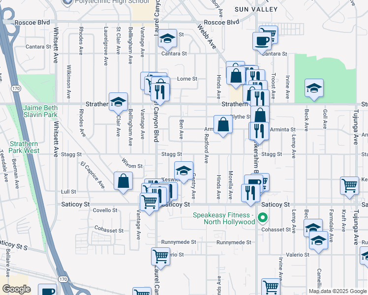 map of restaurants, bars, coffee shops, grocery stores, and more near 7814 Ben Avenue in Los Angeles