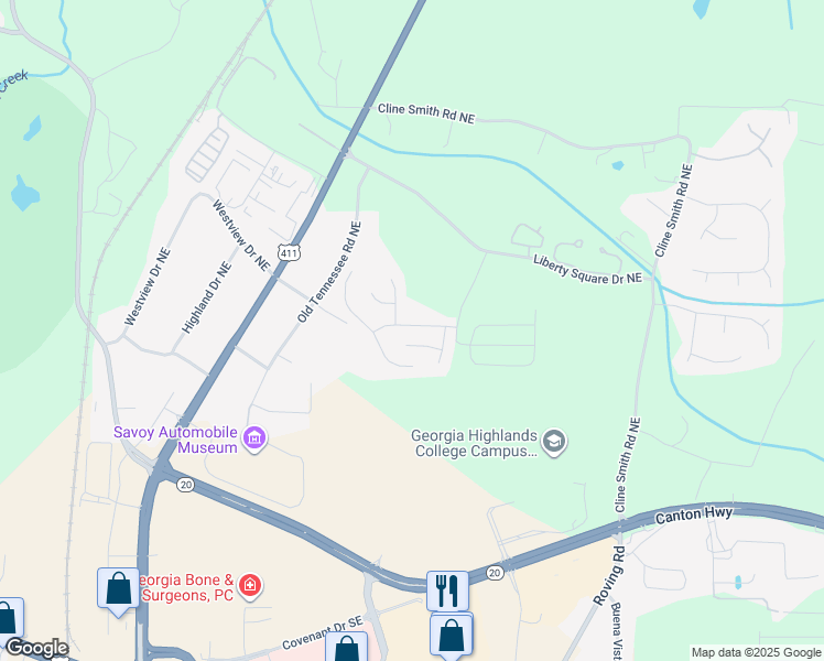 map of restaurants, bars, coffee shops, grocery stores, and more near 23 Liberty Crossing Drive Northeast in Cartersville