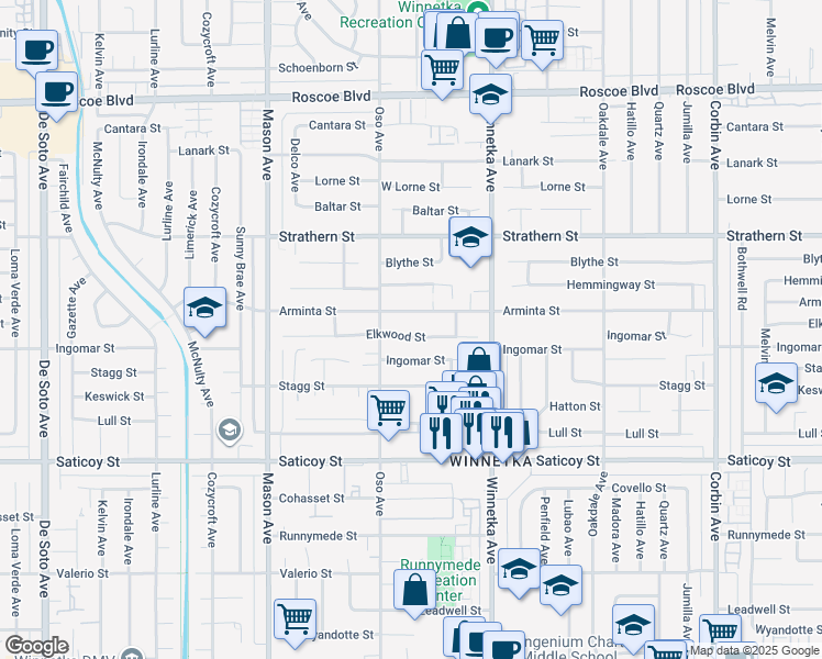 map of restaurants, bars, coffee shops, grocery stores, and more near 20231 Elkwood Street in Los Angeles