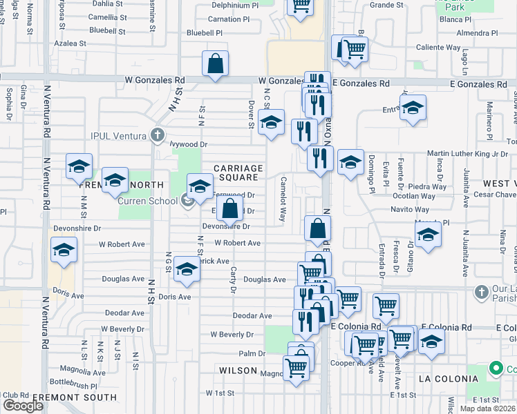 map of restaurants, bars, coffee shops, grocery stores, and more near 404 Eastwood Drive in Oxnard