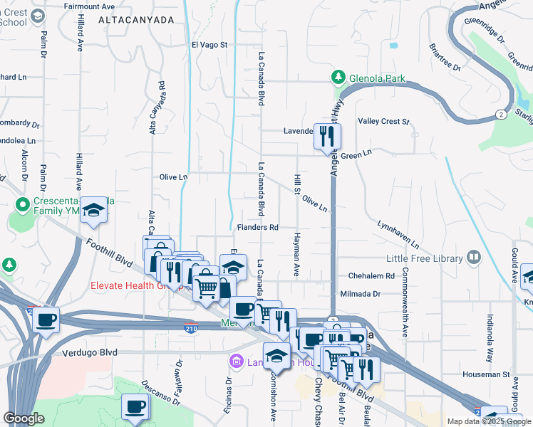 map of restaurants, bars, coffee shops, grocery stores, and more near 4818 La Canada Boulevard in La Cañada Flintridge