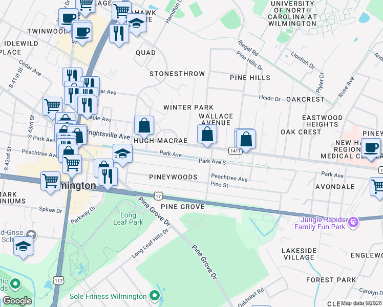 map of restaurants, bars, coffee shops, grocery stores, and more near 4933 Park Avenue in Wilmington
