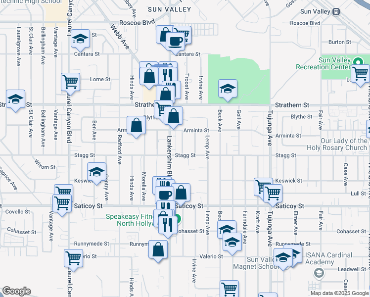 map of restaurants, bars, coffee shops, grocery stores, and more near 7816 Troost Avenue in Los Angeles