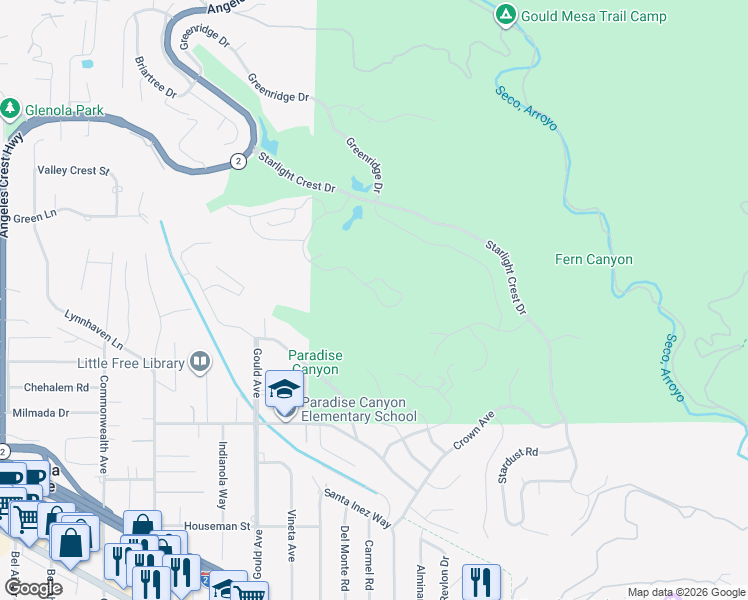 map of restaurants, bars, coffee shops, grocery stores, and more near 5379 Godbey Drive in La Cañada Flintridge