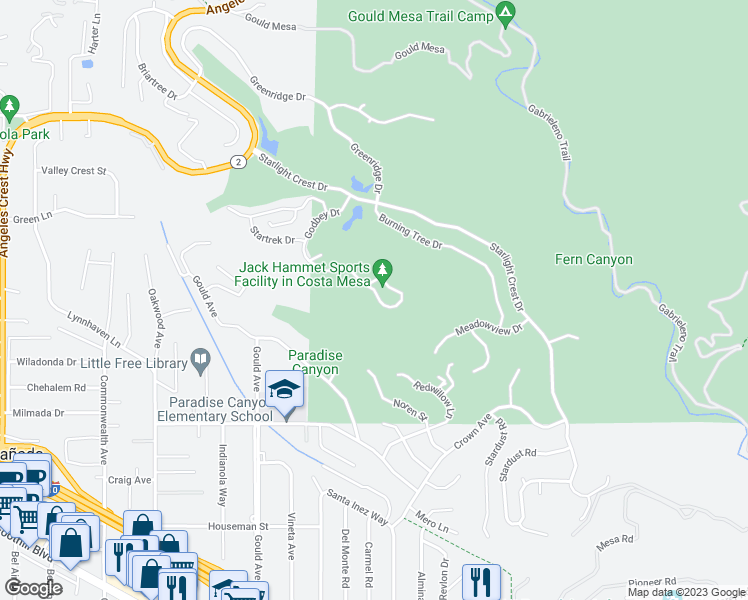 map of restaurants, bars, coffee shops, grocery stores, and more near 5379 Godbey Drive in La Cañada Flintridge