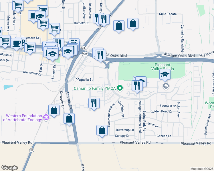 map of restaurants, bars, coffee shops, grocery stores, and more near 3065 Village at the Park Drive in Camarillo