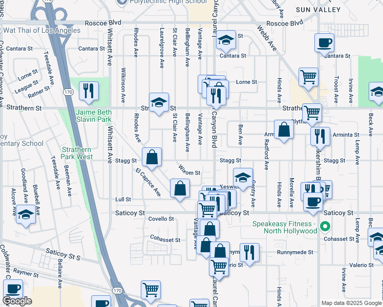 map of restaurants, bars, coffee shops, grocery stores, and more near 12142 Stagg Street in Los Angeles