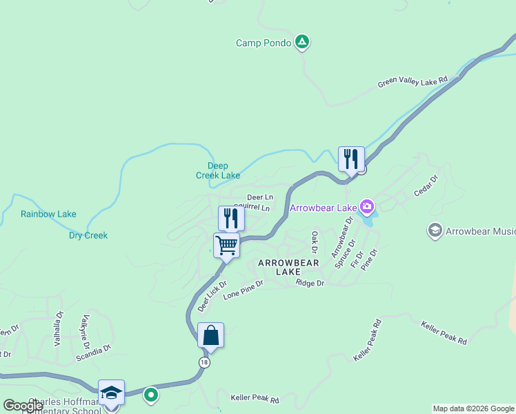 map of restaurants, bars, coffee shops, grocery stores, and more near 32958 Squirrel Lane in Running Springs
