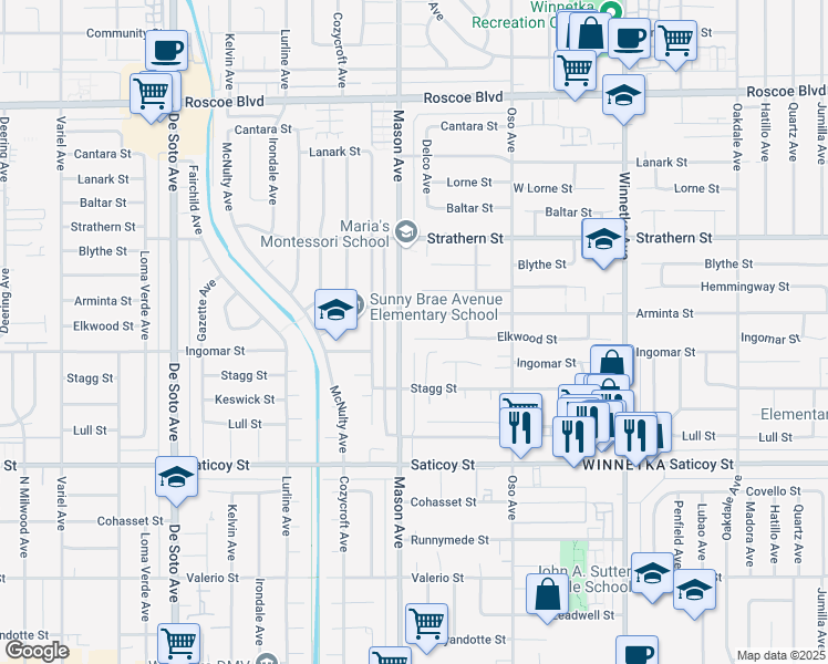 map of restaurants, bars, coffee shops, grocery stores, and more near 20459 Elkwood Street in Los Angeles