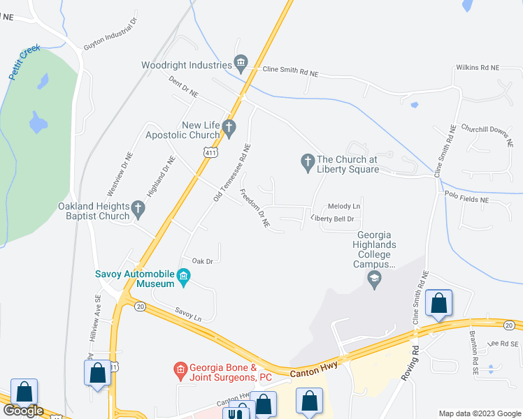 map of restaurants, bars, coffee shops, grocery stores, and more near 90 Liberty Crossing Drive Northeast in Cartersville