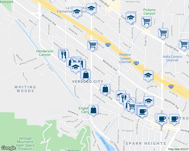 map of restaurants, bars, coffee shops, grocery stores, and more near 2740 Hermosa Avenue in Glendale