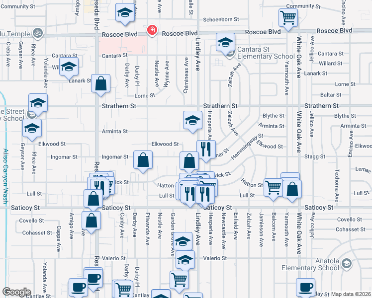 map of restaurants, bars, coffee shops, grocery stores, and more near 7757 Chimineas Avenue in Los Angeles