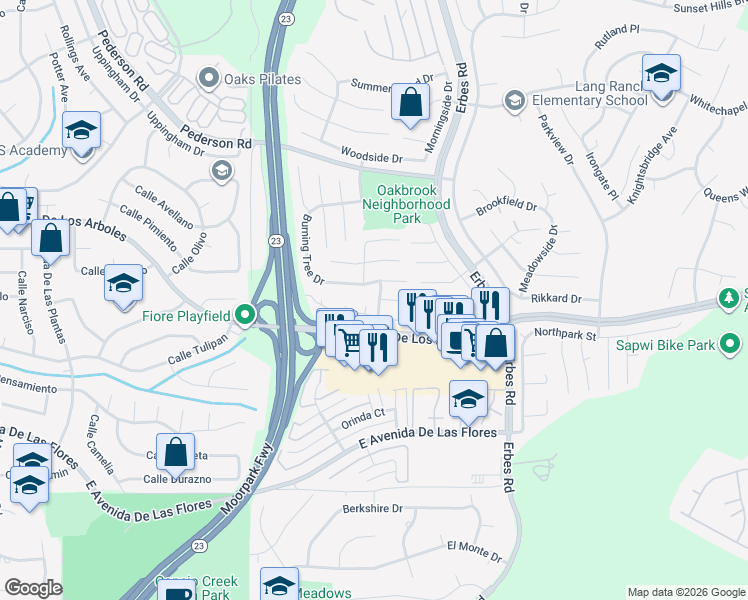 map of restaurants, bars, coffee shops, grocery stores, and more near 1809 Shady Brook Drive in Thousand Oaks