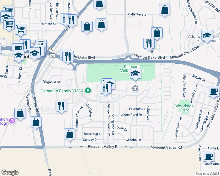 map of restaurants, bars, coffee shops, grocery stores, and more near 232 Village Commons Boulevard in Camarillo