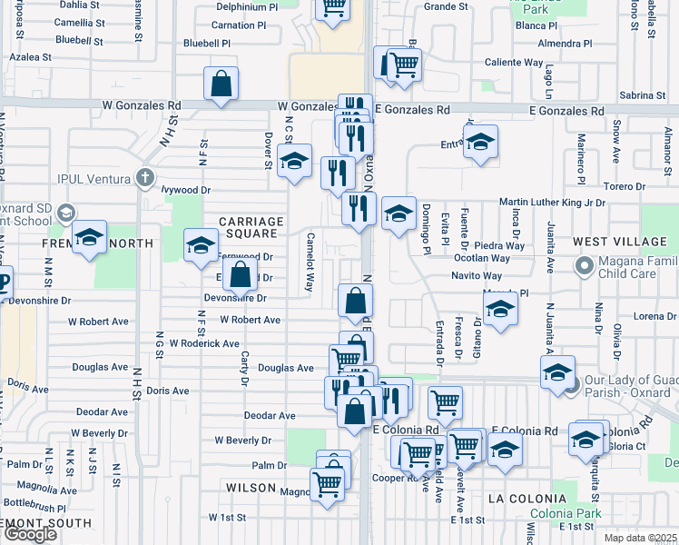 map of restaurants, bars, coffee shops, grocery stores, and more near 1053 Ambrosia Street in Oxnard