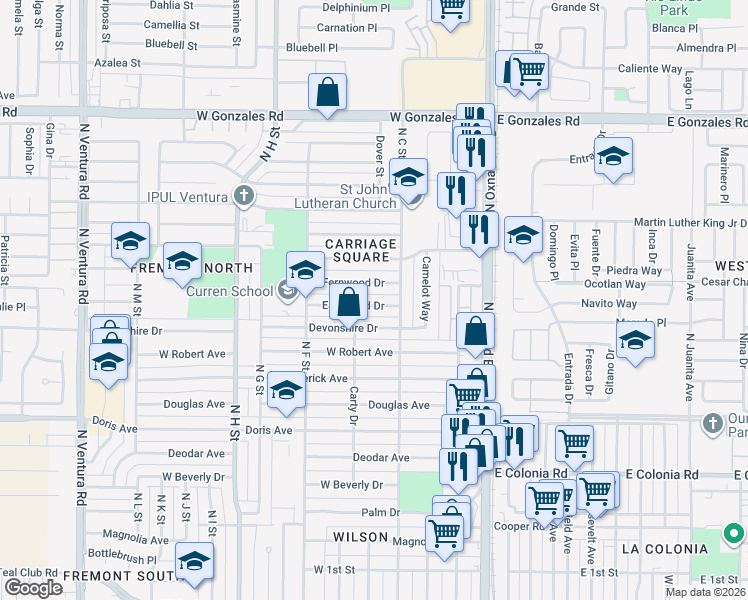 map of restaurants, bars, coffee shops, grocery stores, and more near 502 Eastwood Drive in Oxnard
