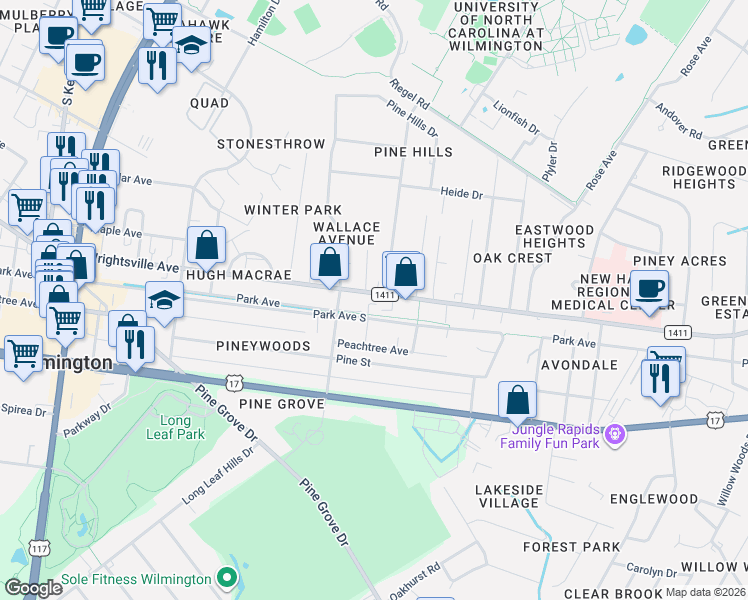 map of restaurants, bars, coffee shops, grocery stores, and more near 5012 Park Avenue South in Wilmington