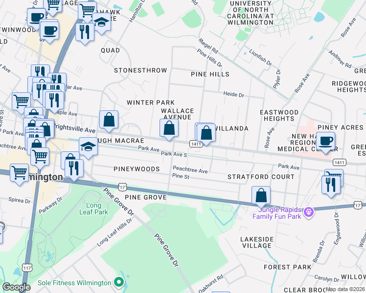 map of restaurants, bars, coffee shops, grocery stores, and more near 5012 Park Avenue South in Wilmington