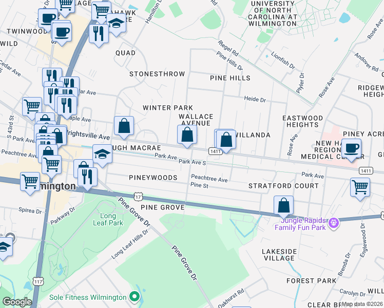 map of restaurants, bars, coffee shops, grocery stores, and more near 4950 Park Avenue in Wilmington