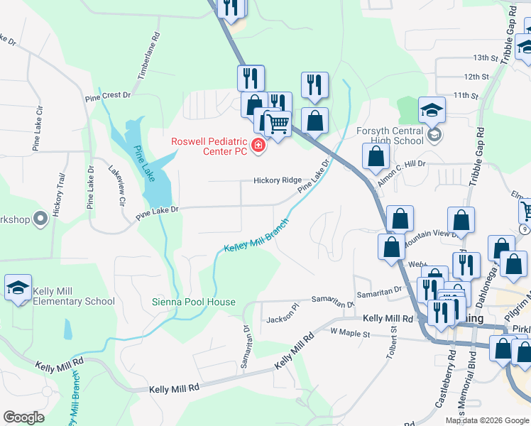 map of restaurants, bars, coffee shops, grocery stores, and more near 102 Hickory Knoll in Cumming