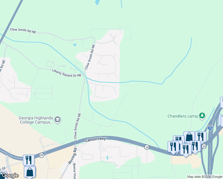 map of restaurants, bars, coffee shops, grocery stores, and more near 46 Polo Fields Northeast in Cartersville