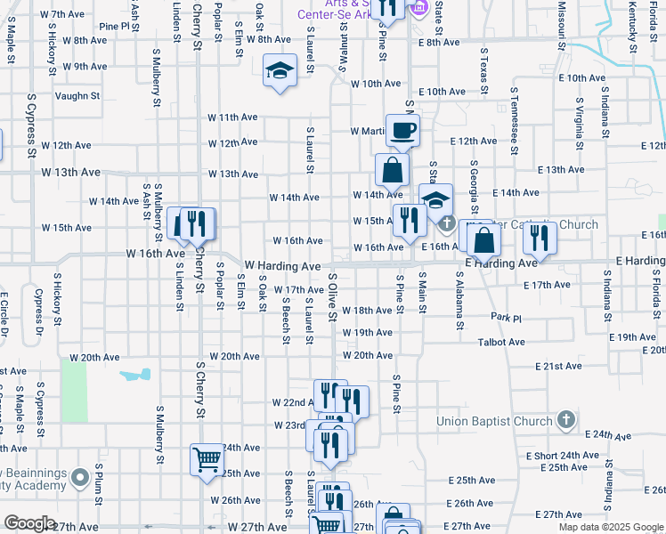 map of restaurants, bars, coffee shops, grocery stores, and more near 1700 South Olive Street in Pine Bluff