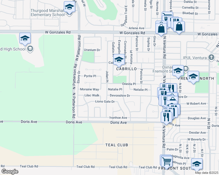 map of restaurants, bars, coffee shops, grocery stores, and more near 2341 Natalie Place in Oxnard